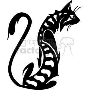 The image is a black and white silhouette clipart of a cat. The cat appears to be in a seated position with its tail curled upwards, forming an elegant shape. The clipart presents a stylized version of a cat, featuring decorative elements within its body, giving it a stripped or cut-out look. The design is simplified and appears to be suitable for vinyl cutting, making it ideal for various applications such as signage, decals, or graphic design projects.