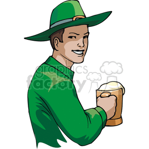 An Irish Man wearing an Irish Hat holding a Beer and Laughing