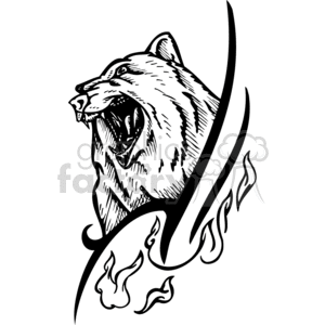 The clipart image contains a stylized illustration of a fierce-looking grizzly bear's head, with parts of its contour merged with swirling flames. The design appears to be black and white, which is typical for vinyl-ready graphics used in various applications like stickers, decals, and tattoos. The lines are bold and the style is somewhat aggressive, making it potentially suitable for use in sports team logos or as a tattoo design for individuals looking for a symbol of strength and ferocity.