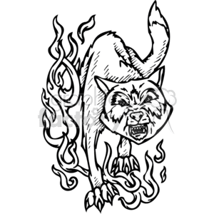 This clipart image features a snarling wolf with flames encompassing its body. The wolf is depicted in an aggressive posture with sharp claws and bared teeth. The flames add a dynamic and fierce element to the design.