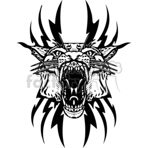 The image appears to be a black and white vector illustration of a stylized tiger's face. It features intricate tribal or tattoo-like designs with sharp lines and flame-like patterns extending from the tiger's face. The tiger's mouth is open, revealing its teeth, which adds a fierce and dynamic element to the artwork.