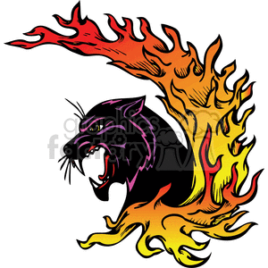 The clipart image depicts a stylized, fierce-looking panther with its body partly engulfed in flaming flames. The design is vibrant and colorful, with the flames transitioning from yellow at the bottom to red at the tips, suggesting intensity and movement. The panther is illustrated with a menacing expression, sharp teeth, and an aggressive stance. This image is suitable for vinyl-ready cutter designs and could be used as a tattoo template or for signage purposes where a theme of power, ferocity, or sports mascots might be desired.