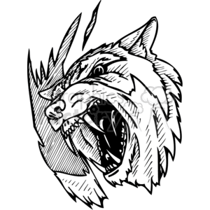 This clipart image features the head of a snarling wolf with an open mouth showing teeth, in a dynamic and aggressive stance. It's designed in a bold, black and white style suitable for use as a vinyl-ready design for cutters, or as a skin tattoo template.