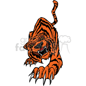 The clipart image depicts a stylized illustration of a snarling tiger, characterized by its distinctive orange and black stripes. The tiger is shown with an aggressive posture, baring its teeth and extending its claws, indicating a sense of power or threat. The illustration appears to be designed for vinyl cutting or tattoo applications, given its clear contours and bold colors that would translate effectively into both mediums.