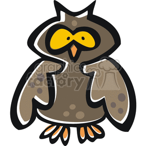 This cartoon shows a brown owl. It has big yellow eyes and an orange beak. Its body and wings are brown, with spots