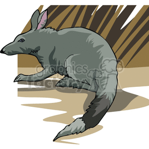 This image is a cartoon of a gray Kangaroo Mouse. It has long grass or reeds in the background