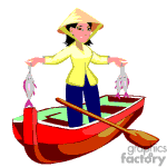 The clipart image features a person wearing a traditional conical hat, standing in a boat and holding two fish, one in each hand. The person is also holding an oar, suggesting they have been fishing or are in the process of fishing. The boat appears to be floating on water.