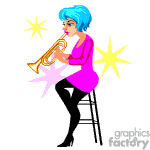 The clipart image depicts a stylized animated female character with blue hair playing a trumpet. She is seated on a high stool and wearing a hot pink dress. There are sparkles around her that suggest she is performing energetically.