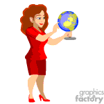 The clipart image features a cartoon of a woman wearing a red dress and heels. She has long, wavy hair and is smiling while holding a small globe on a stand with her right hand, as if presenting it or teaching about it.