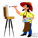 The clipart image depicts a cartoon of an artist painting. The character is holding a palette in one hand and a paintbrush in the other. They wear a brown apron, a red hat, and have a mustache. They are standing in front of an easel with a canvas on it.