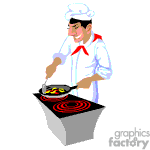 The clipart image shows a chef cooking on a stovetop. The chef is wearing a traditional white chef's uniform with a red scarf and chef's hat. He is using a frying pan to cook, and there appear to be vegetables in the pan. The stove has red coils indicating heat.