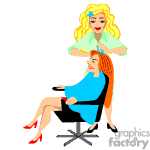 The clipart image depicts two animated characters. One character is seated with red hair, wearing a blue dress and red high heels, appearing to be a customer at a salon. The other character, standing with blonde hair and wearing a green blouse and blue headband, seems to be a hairstylist or beautician, likely working on the seated character's hair.
