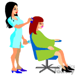This clipart image features two animated characters representing a hairdresser or stylist and a client. The stylist is standing and styling the seated client's hair. The client is sitting in a swivel salon chair. Both characters are depicted with exaggerated features typical of clipart style.