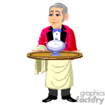 The image shows an animated character of an older waiter or butler. He is dressed in a traditional waiter's uniform with a red jacket, white shirt, bow tie, and an apron. He is holding a tray with what appears to be a covered dish on it, suggesting he is serving food.