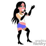 The clipart image depicts a cartoon female singer. She is wearing a white sleeveless top, blue shorts, and has long black hair. The singer is holding a microphone in one hand and raising the other hand, seemingly in a singing pose.