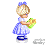 The clipart image depicts a young animated girl holding a green present with a yellow bow. She has blond hair tied with a blue bow, is dressed in a blue and white striped dress with a bow on the back, and is wearing blue shoes.