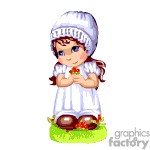 The clipart image displays a cartoon of a young girl. She is wearing a white dress and a matching white hat. The girl is holding a small bouquet of red flowers and smiling. She is standing on a patch of green grass with a few more red flowers around her feet.