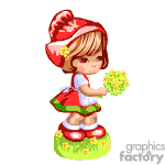 The clipart image features an animated young girl with a flower bouquet. She wears a red and white outfit with a bow in her hair. The girl stands on a grassy surface decorated with flowers.