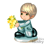The image depicts a digital clipart of an animated boy with blonde hair kneeling and holding a bunch of yellow flowers. The boy is wearing a long-sleeve blue shirt and dark pants. The style is cute and cartoony, suitable for a variety of casual uses, such as greetings or decorations for children's materials.