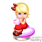 The clipart image features an animated character of a young girl with blonde hair tied up with a red bow. She is wearing a red top, red shoes with white trim. The character is sitting on a partially visible heart, which appears to be pink and white. She is hugging a small heart-shaped object to her chest.