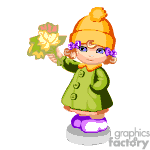 The image contains an animated character, which appears to be a young girl dressed in winter clothing. She is wearing a green coat, purple pants, orange beanie, and purple boots. She is holding a large yellow leaf, which could suggest it is the autumn season. She has pink-purple hair accessories and is smiling.