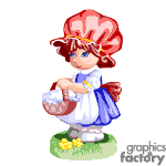 The clipart image features an animated girl wearing a large red bonnet with a white dress. She is holding a basket filled with what appears to be eggs. The girl is standing on a patch of grass with a few flowers at her feet.