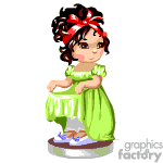 The clipart image depicts a cartoon character of a little girl with dark hair tied up with a red and white headband. She is wearing a green dress with a frilled hem and is smiling. She stands on a small platform or base and appears to be in a dancing pose with one hand on her waist and the other lifted. She is also wearing blue shoes with bows on them.