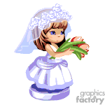 The clipart image features an animated character of a young girl dressed as a bride. She is wearing a white bridal gown with a veil and holding a bouquet of flowers.