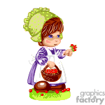 The clipart image depicts a cartoon of a young child wearing a green hat and a white outfit with a purple trim. The child is holding a flower in one hand and a basket of picked flowers in the other. The expression on the child's face is one of contentment. The child appears to be standing on a patch of grass with flowers, indicating an outdoor setting.