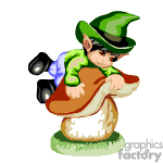 The image is a colorful clipart featuring a leprechaun sitting on a giant mushroom. The leprechaun is wearing a green hat and jacket, with a lighter green shirt. He has black shoes with buckles and is perched on top of a large brown and white mushroom.