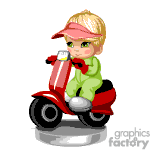 The image is a clipart of a cartoon child riding a red and black scooter. The child is wearing a green jumpsuit and a pink cap.