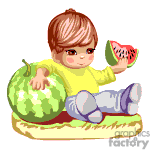This clipart image features a sitting baby who is holding a slice of watermelon in one hand. Next to the baby, there is a whole watermelon. The baby is wearing a yellow top, blue pants, and purple shoes, and is seated on a blanket or mat.