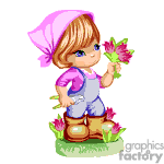 The image is a clipart of a young girl with a pink kerchief on her head, wearing a purple overall dress and boots, standing on grass, and holding pink flowers in her hand.