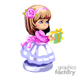 The image is a clipart of an animated, young girl with a cute, stylized appearance. She has brown hair and is wearing a pink dress with a large bow, white apron, and a rose on the side of her head. The girl is holding a small wrapped gift with a ribbon.