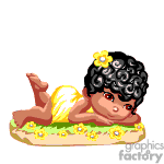 This clipart image features an animated baby with dark curly hair adorned with a yellow flower. The baby is lying on her stomach on a green surface with patches of grass and yellow flowers, while wearing a yellow diaper.