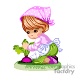 The clipart image shows a cartoon or animated character of a young girl, wearing a pink kerchief and white clothing. The child is kneeling on the ground while picking green plants or vegetables, suggesting the action takes place in a garden.