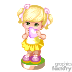 The clipart image shows a cartoon of a little girl with blonde hair tied into pigtail hairstyles, wearing a yellow dress and purple shoes. She appears to be standing on a small patch of grass and is holding a heart-shaped object to her lips as if blowing a kiss.