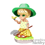The clipart image shows an animated character of a young girl with blonde hair, wearing a yellow dress with a flower pattern and a green hat. She is holding a small, yellow bird in one hand and a badmington racket in the other.