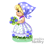 The image is an animated clipart of a young blonde girl wearing a white dress with a floral pattern and a blue polka dot kerchief on her head. She is holding a bunch of blue flowers and appears to be standing on a grassy mound with more flowers.
