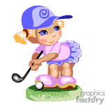 This clipart image depicts a cartoon of a young girl playing golf. She is wearing a pink dress, a purple baseball cap with what seems to be a snail shell pattern, and pink golf shoes. She has blonde hair in pigtails. The girl is shown in a posture ready to swing at a golf ball, holding a golf club, and there's a small patch of grass beneath her feet.