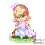 The image depicts a cute, animated young girl with blonde hair, adorned with pink bows. She is wearing a light blue dress and holding a pink heart-shaped object, surrounded by smaller pink hearts. She appears to be standing on a patch of green grass.