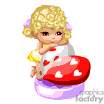 The image is a clipart animation featuring a cute character, possibly an angel or a small child with curly blonde hair, sitting on a red heart-shaped pillow adorned with smaller white hearts. The character is resting their head on one hand with a dreamy expression on their face.