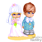 The image features a clipart depiction of a boy and a girl dressed in formal wedding attire. The girl is wearing a white bridal dress with a veil and is holding a small bouquet of flowers, while the boy is wearing a blue dressy suit with a medal and grey pants.