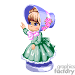 The image appears to be a clipart of a vintage-style animated girl character. She is wearing a large blue hat adorned with flowers, her hair styled with bangs and a braid, and she is dressed in a green dress with puffy sleeves and a light green apron or overlay. She has a bow on her dress, and she is waving with one hand. This appears to be a cartoon or illustration likely designed for use in greetings or as a decorative element.