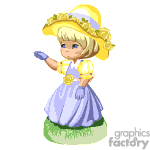 The image is an animated clipart of a young girl wearing a Victorian-style dress in shades of purple and yellow. She has blond hair adorned with yellow flowers and a matching hat. The girl is also wearing gloves and appears to be standing on grass. She has a quaint, old-fashioned appearance, reminiscent of classic storybook illustrations.