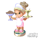 The image depicts an animated character of a waitress. She is dressed in a waitress uniform with a cap, holding a tray in one hand that carries a bowl (possibly of ice cream or dessert) and a martini glass. The character is cute and has a style that may appeal to children or be used in thematic decorations or marketing materials for family-friendly restaurants or parties.