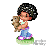 The clipart image depicts a cartoon of a young girl with curly hair holding a teddy bear. She is standing on a patch of grass and wearing a sleeveless top with a heart emblem, blue pants, and pink shoes.
