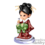 The image is an animated clipart of a character dressed in traditional Japanese attire, likely representing a kimono. The character has a detailed hairstyle, often associated with historical or cultural Japanese styles, possibly resembling a geisha's hairdo with decorative hairpins. She is shown holding a small object, which could be a traditional Japanese accessory or utensil.