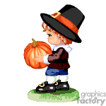 This clipart image depicts a cartoon of a young pilgrim holding a pumpkin. The child is dressed in traditional Pilgrim attire, characterized by a black hat with a buckle, a white collar, a black and white outfit, and buckled shoes. The child is standing on grass.