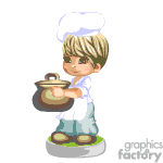 The image is an animated clipart of a chef who appears to be a child. They are wearing a white chef's hat and outfit, with a blue shirt underneath. The chef is holding a bowl with both hands, preparing to serve or mix something. There's a hint of greenery at the base, which could suggest the chef is standing in a kitchen or perhaps on a grassy area.